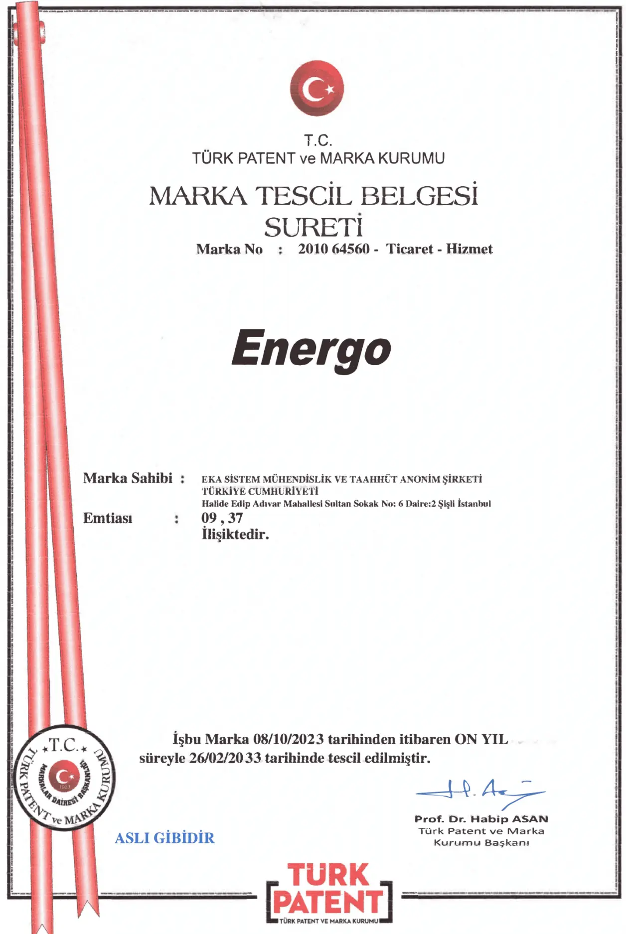 ENERGO Marka Tescil Belgesi ön izlemesi