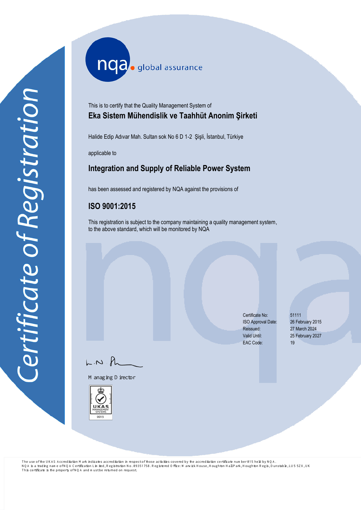 ISO 9001:2015 Kalite Yönetim Sistemi Belgesi ön izlemesi