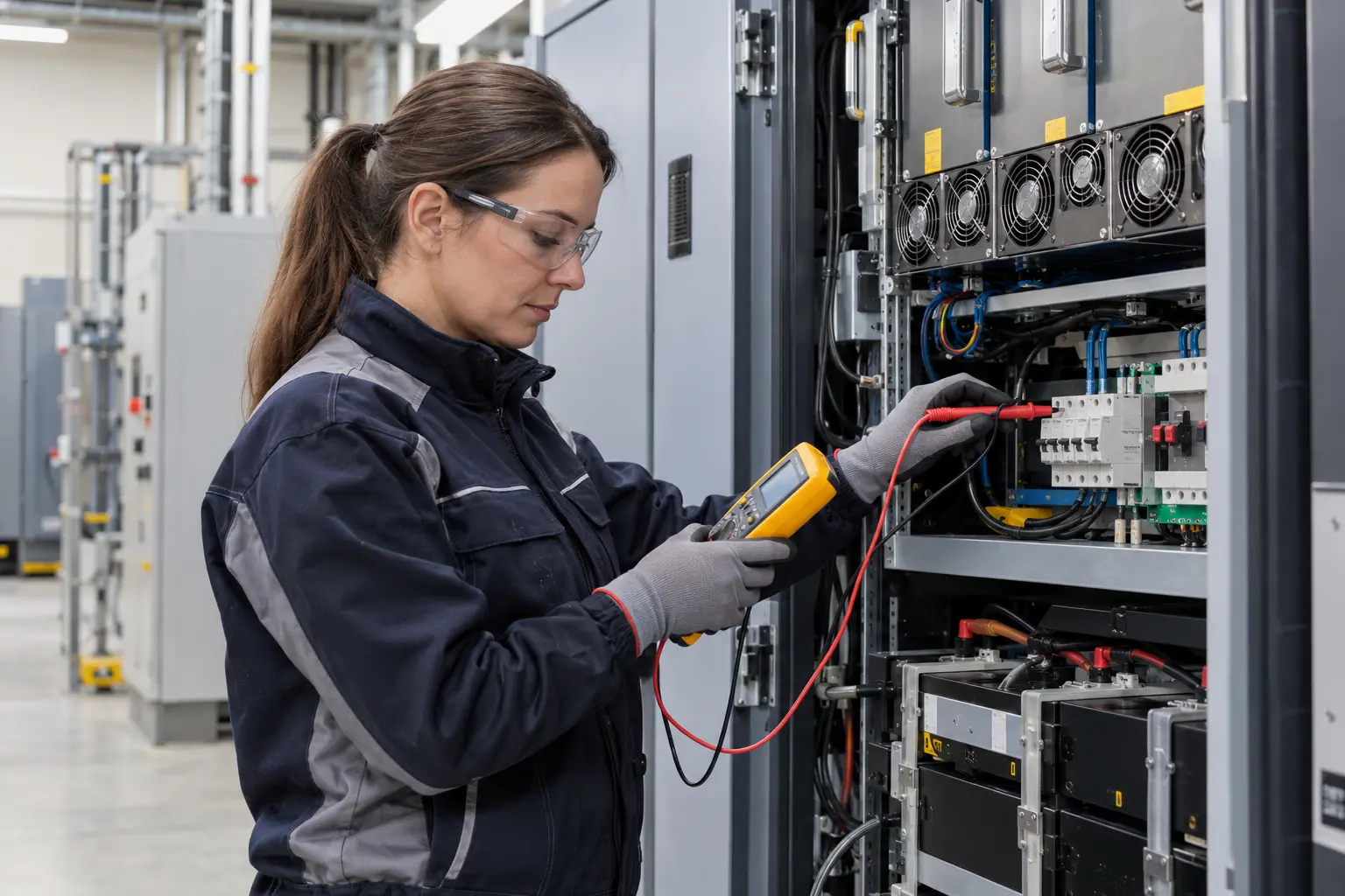 Endüstriyel güç sistemi üzerinde ölçüm yapan kadın teknik servis uzmanı